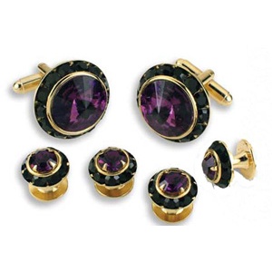 Crystal Cufflinks and Studs with Amethyst Center and Black Trim
