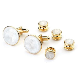 Faux Mother of Pearl Tuxedo Cufflinks and Studs Gold