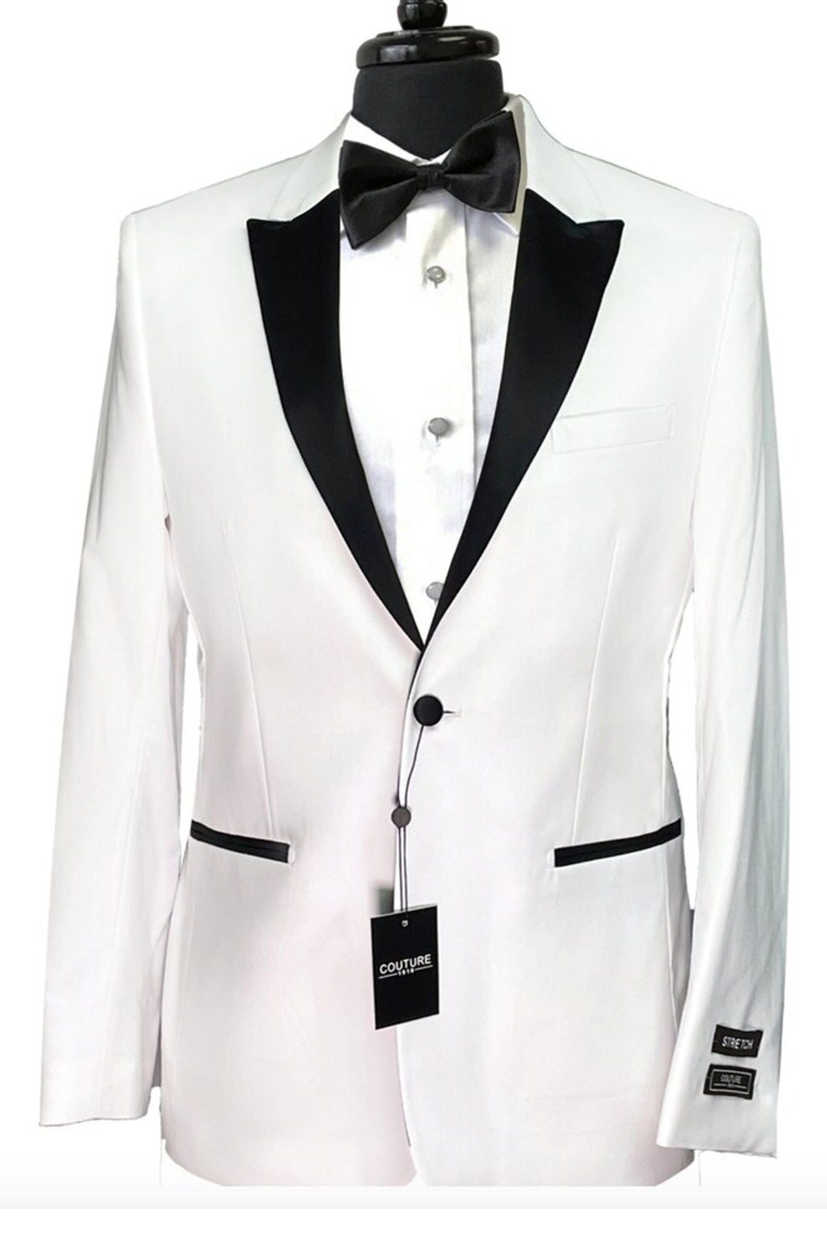 Stretch Blend White One Button Peak Tuxedo Jacket w Black Lapel