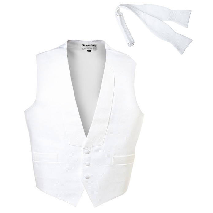 White Pique Full Back Tuxedo Vest with Self Tie Bow Tie