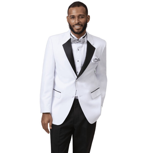White Tuxedo with Black Notch lapel and White Collar
