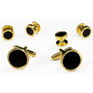Genuine Onyx with Feather Cut Edge Gold Cufflinks and Studs