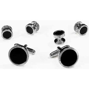 Genuine Onyx with Feather Cut Edge Silver Cufflinks and Studs
