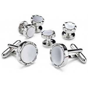 Mother of Pearl Stone Castle Tuxedo Cufflinks and Studs Silver