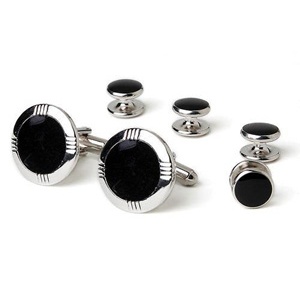 Staggered Line Edge Tuxedo Cufflinks and Studs Silver
