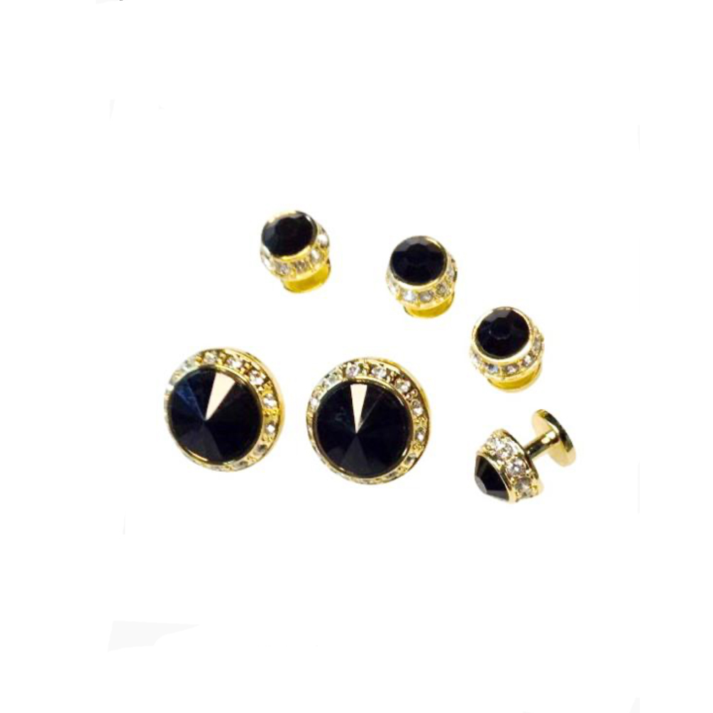 Jet Black Faceted Crystal Center Tuxedo Studs and Cufflinks