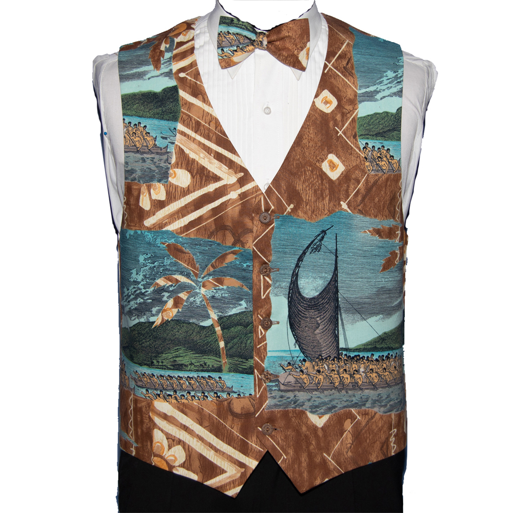 Brown Hawaiian Print Tropical Tuxedo Vest and Bow Tie