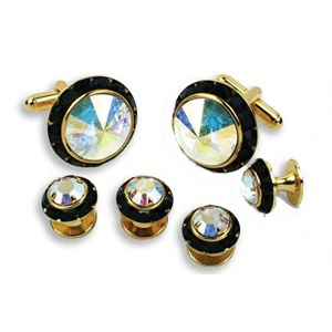 Crystal Cufflinks and Studs with Prism Center and Black Trim