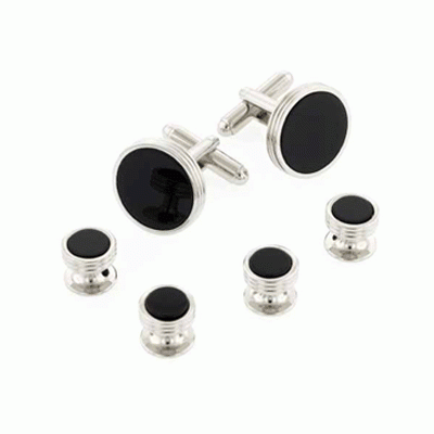 Genuine Onyx Concentric Circles Cufflinks and Studs Silver