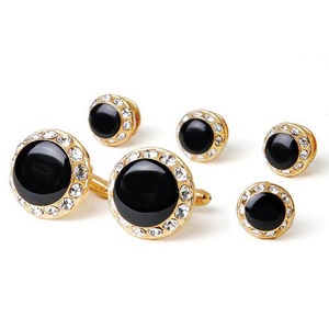 Crystal Bordered Tuxedo Cufflinks and Studs Gold
