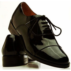 Black Genuine Patent Leather Cap Toe Lace Up Tuxedo Shoes