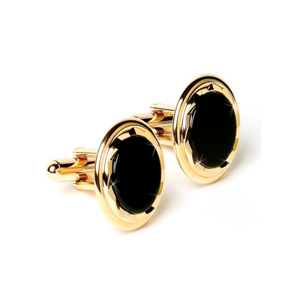 Genuine Onyx Diamond Cut Gold Tone Bezel Cufflinks