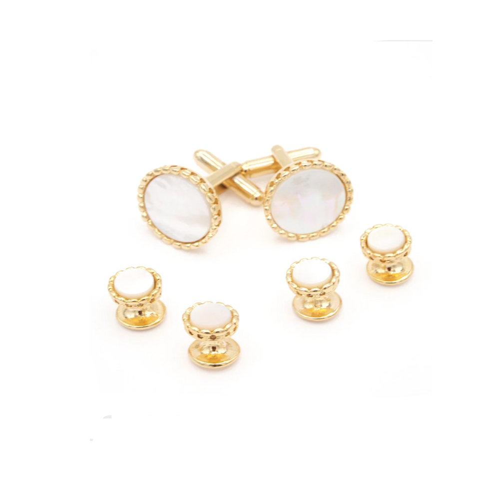 Mother of Pearl Beaded Edge Tuxedo Cufflinks and Studs Gold
