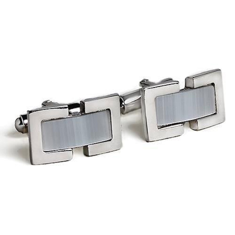 Grey Fiber Optic Rectangle Open Frame Silver Cufflinks
