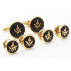 Masonic Logo in Gold on Round Black Background Cufflinks