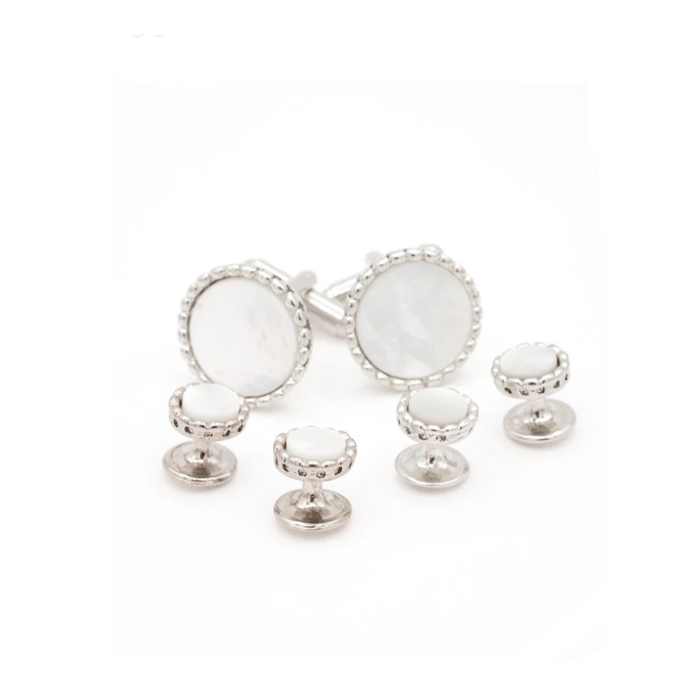 Mother of Pearl Beaded Edge Tuxedo Cufflinks and Studs Silver