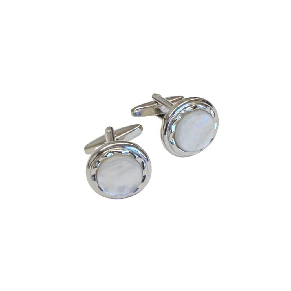 Genuine Mother of Pearl Diamond Cut Bezel Silver Tone Cufflinks