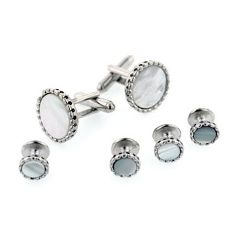 Mother of Pearl Fluted Edge Tuxedo Cufflinks and Studs Silver