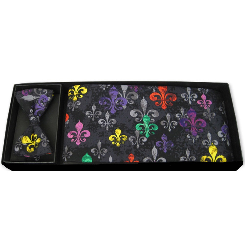Multi Color Fleur De Lis Bow Tie and Cummerbund Set in Black