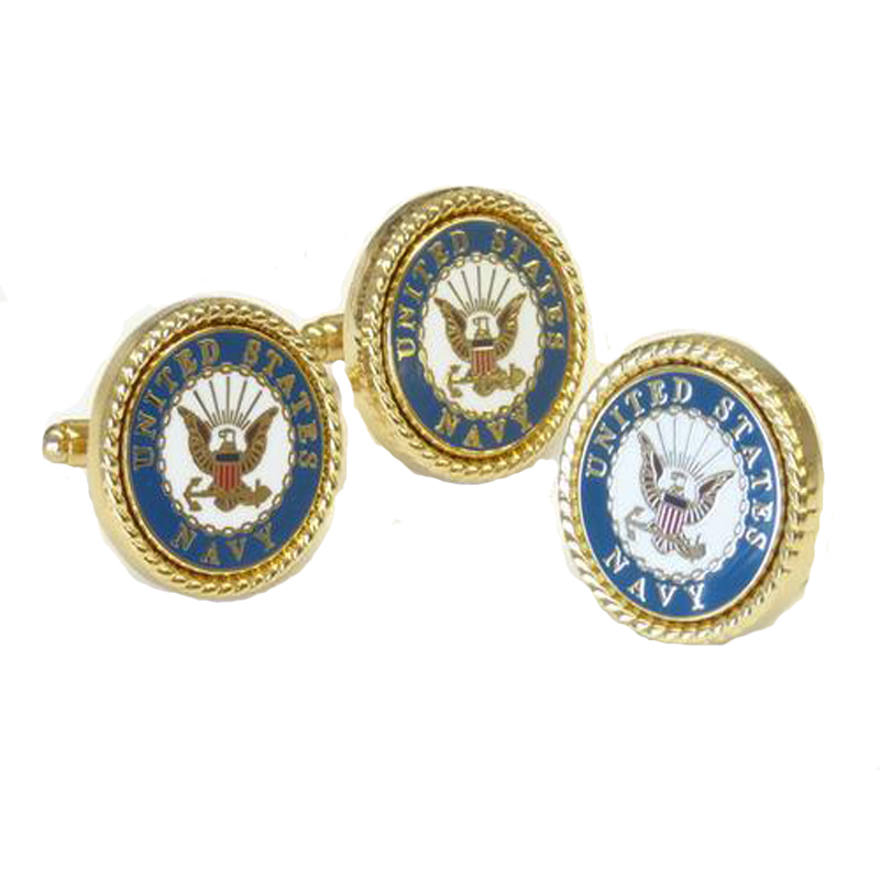 Men's Navy Military Logo Cufflinks and Lapel Pin set in Gold