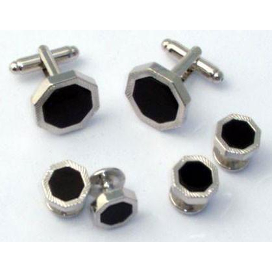 Genuine Onyx in Octagon Setting Gold Cufflinks and Studs
