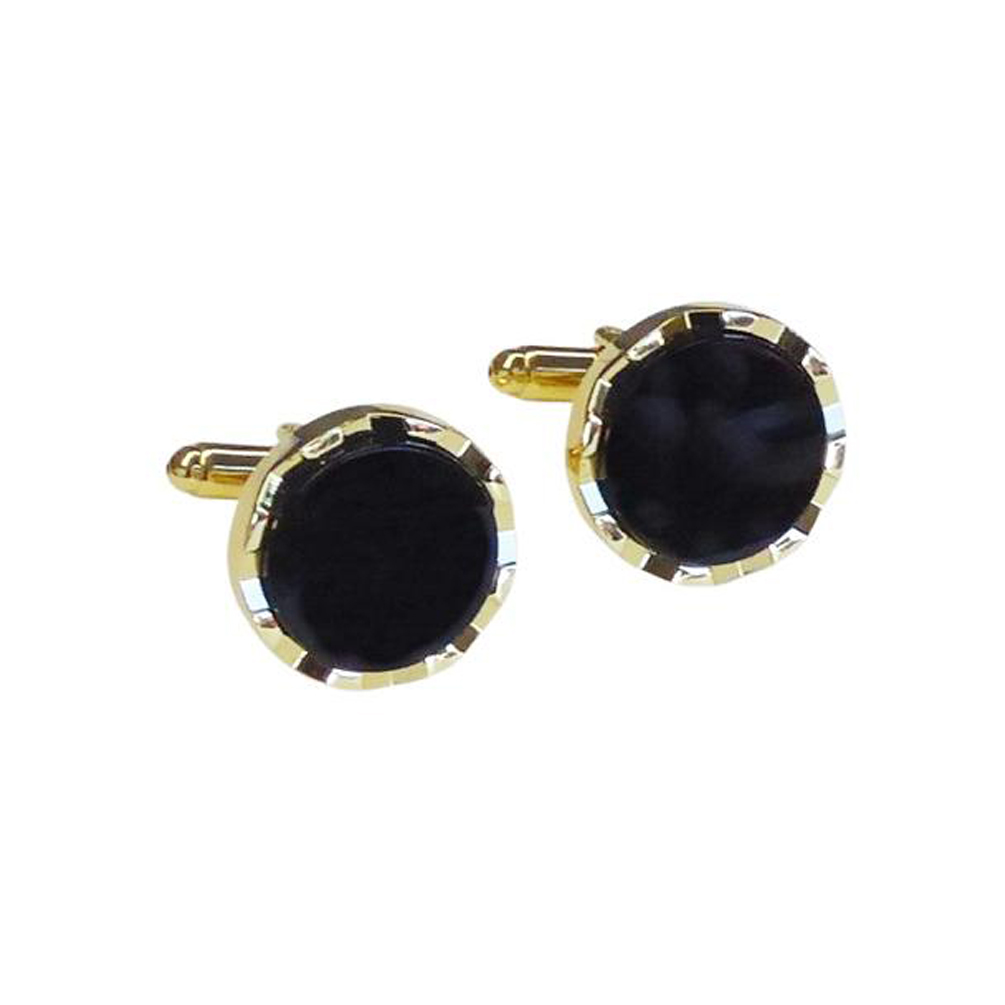Genuine Onyx Diamond Cut Castle Top Gold Tone Cuffflinks