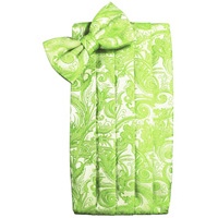 Lime Green Tapestry Paisley Satin Cummerbund and Bow Tie Set