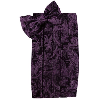 Wine Purple Tapestry Paisley Satin Cummerbund and Bow Tie Set