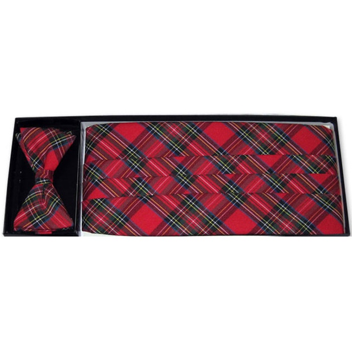 Red Scotch Tartan Plaid Cummerbund and Bow Tie Set