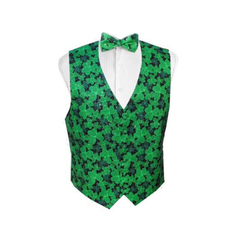 Shamrock Print Tuxedo Vest and Bow Tie - Click Image to Close