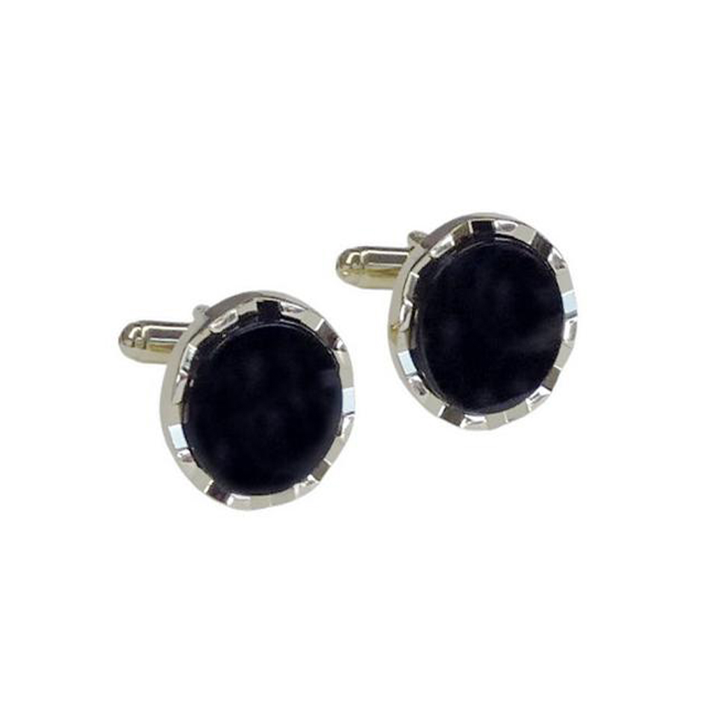 Genuine Onyx Diamond Castle Top Silver Tone Cufflinks