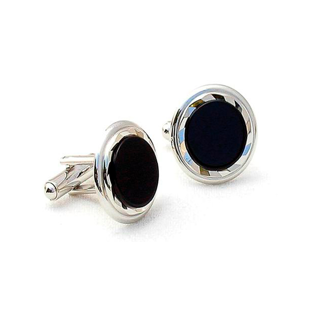 Genuine Onyx Diamond Cut Bezel Silver Tone Cufflinks