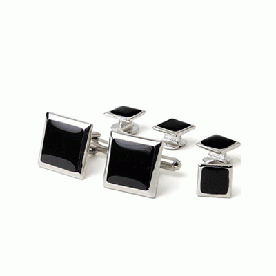Genuine Onyx with Facet Edge Tuxedo Cufflinks and Studs Silver 