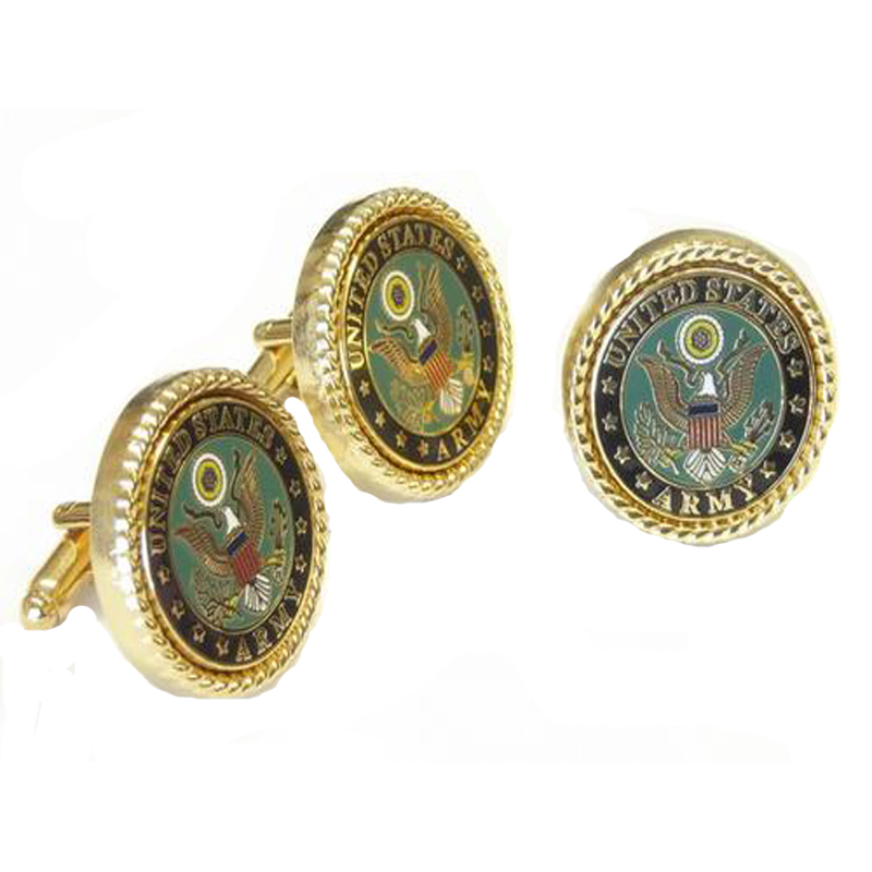 Men's US Army Military Logo Cuff Links and Lapel Pin Set in Gold